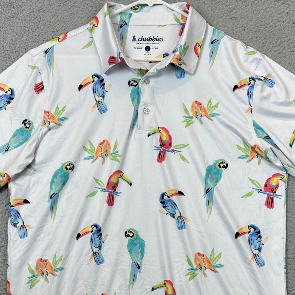 Chubbies Polo Shirt Mens Large Performance White Tropical Bird Stretch Rugby EUC